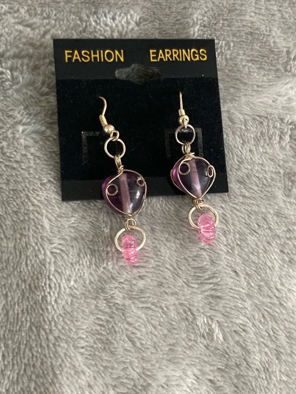 Pink and purple glass heart beaded earrings